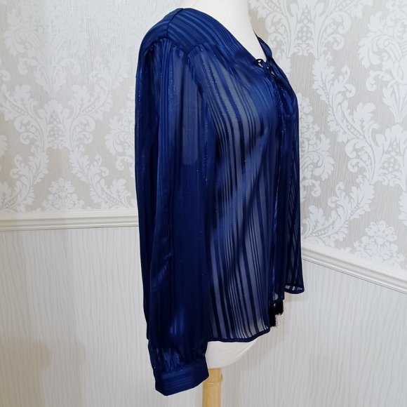Faded Glory Navy Blue Sheer Long Sleeve Blouse Top Boho Chic Tassel Tie Small - Picture 2 of 4